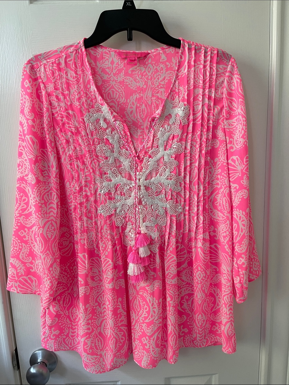 Lilly Pulitzer Pink & White Embroidered Tassel V-Neck Tunic